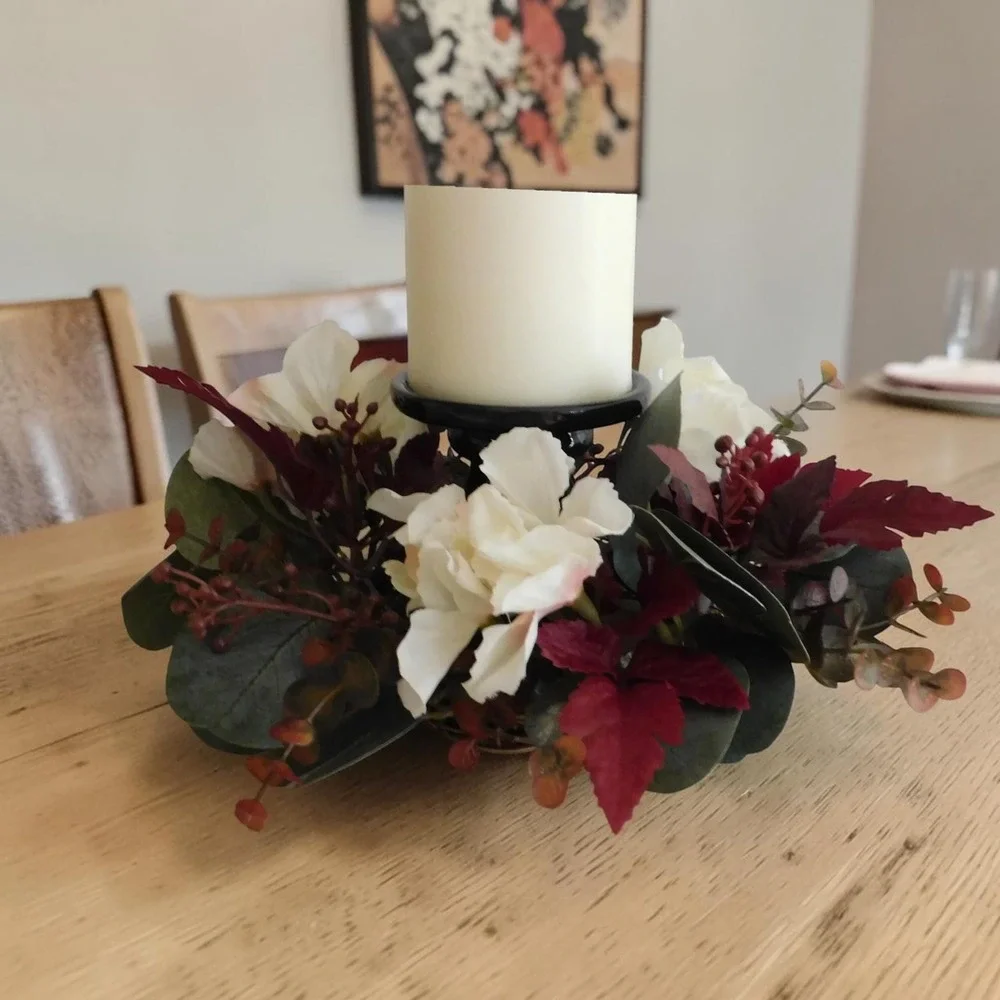 Mini Fall Candle Ring, Grapevine Wreath, Burgundy Leaves, Dried Look Hydrangeas